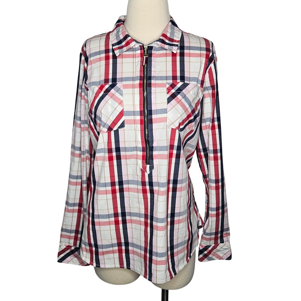 Tommy Hilfiger Women's M Plaid Zip‎ Front Shirt Red White Blue Preppy Cotton